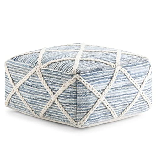 SIMPLIHOME Cowan Square Pouf, Footstool, Upholstered In Blue, Natural Handloom Woven Wool And Cotton, For The Living Room, Bedroom And Kids Room, , 3 SIMPLIHOME Cowan Square Pouf, Footstool, Upholstered In Blue, Natural Handloom Woven Wool And Cotton, For The Living Room, Bedroom And Kids Room, ,