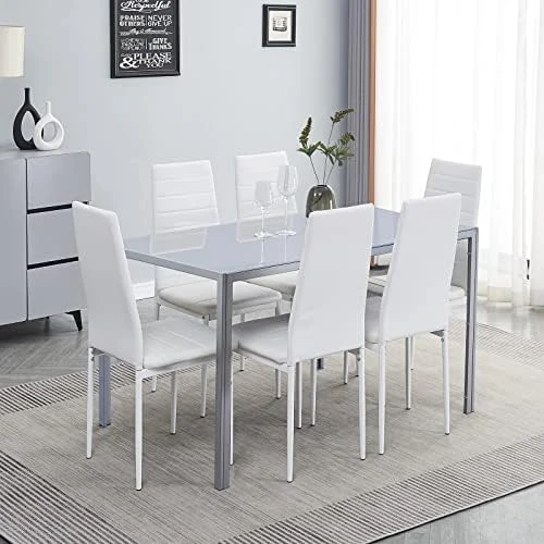 Paonne Glass Dining Table And Chair 7 Pieces Set, Dining Table Set For 6 Kitchen Room Table With 6 Chairs, Rectangular Glass Table With 4 PU Chairs 10 Paonne Glass Dining Table And Chair 7 Pieces Set, Dining Table Set For 6 Kitchen Room Table With 6 Chairs, Rectangular Glass Table With 4 PU Chairs - Image 8