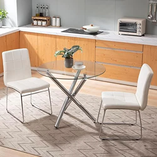 Bacyion Round Glass Dining Table Set For 2 - PU Leather Modern Dining Room Table Set For Small Spaces 3 Pieces Kitchen Tempered Glass Table And Chairs For Home Kitchen Living Room (Black) 17 Bacyion Round Glass Dining Table Set For 2 - PU Leather Modern Dining Room Table Set For Small Spaces 3 Pieces Kitchen Tempered Glass Table And Chairs For Home Kitchen Living Room (Black) - Image 15