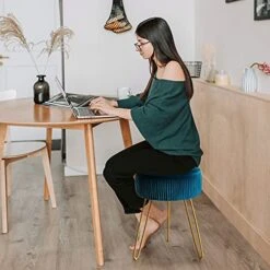 Modern Velvet Round Footstool Ottoman, Peacock Blue Velvet Ottoman Vanity Stool Foot Rest With Gold Legs, Upholstered Pleated Vanity Chair Ottoman, Makeup Stools For Vanity, Footrest For Living Room -Amazon Store 51PqPfmIfoL