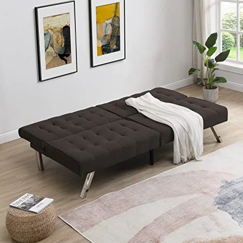 Pabby Yard Sofa Bed, Convertible Futon Sofa,Small Futon Couch With Wood Frame And Stainless Feet,Espresso 4 Pabby Yard Sofa Bed, Convertible Futon Sofa,Small Futon Couch With Wood Frame And Stainless Feet,Espresso - Image 2