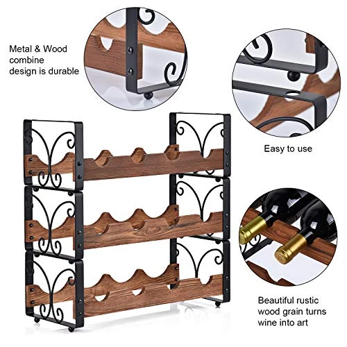 X-cosrack Rustic 3 Tier Stackable Wine Rack Freestanding 12 Bottles Organizer Holder Stand Countertop Liquor Storage Shelf Solid Wood & Iron 17" L X 7.2" W X 16.5" H-Patent Design 7 X-cosrack Rustic 3 Tier Stackable Wine Rack Freestanding 12 Bottles Organizer Holder Stand Countertop Liquor Storage Shelf Solid Wood & Iron 17" L X 7.2" W X 16.5" H-Patent Design - Image 5