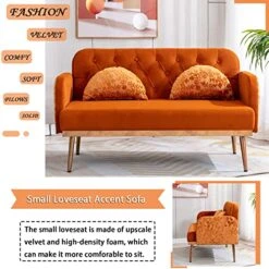 55-inch Small Velvet Couch With Elegant Moon Shape Pillows, Twin Size Loveseat Accent Sofa With Golden Metal Legs, Living Room Sofa With Tufted Backrest, 600 Pounds Weight Capacity, Orange -Amazon Store 51QQPeqIHHL