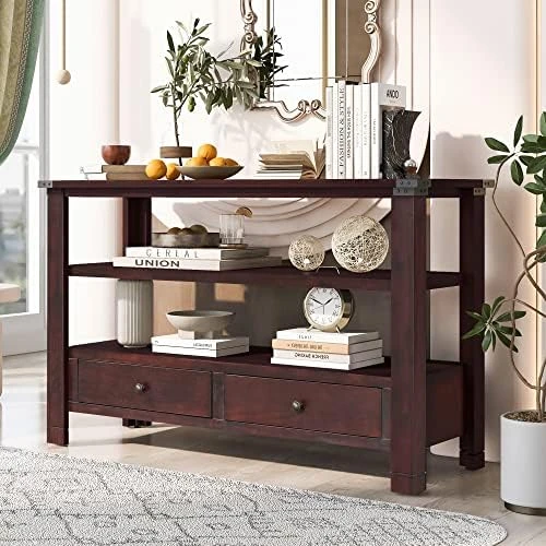 RUNNA 46'' Solid Wood Console Table Series Buffet Sideboard Sofa With 4 Drawers/2 Doors Cabinet/Bottom Display Shelf For Living Room, Kitchen, Dining & Hallway (Espresso + Wood), 46''Lx15''Wx34''H 16 RUNNA 46'' Solid Wood Console Table Series Buffet Sideboard Sofa With 4 Drawers/2 Doors Cabinet/Bottom Display Shelf For Living Room, Kitchen, Dining & Hallway (Espresso + Wood), 46''Lx15''Wx34''H - Image 14