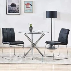 3 Pieces, Dining Tables For 2, 1 Round Glass Dining Room Table And 2 Faux Leather Kitchen Chairs, Chrome Metal Legs, Comfortable Upholstered Seat And Back, Set For Waiting Room, Living Room, Office -Amazon Store 51QS6buAzZL. AC