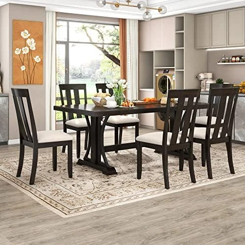 CITYLIGHT 7 Pieces Dining Table Set, Rustic Kitchen Furniture Set, Counter Height Farmhouse Wood Dining Table Set With 6 Upholstered Dining Chairs, White+Walnut+Beige 13 CITYLIGHT 7 Pieces Dining Table Set, Rustic Kitchen Furniture Set, Counter Height Farmhouse Wood Dining Table Set With 6 Upholstered Dining Chairs, White+Walnut+Beige - Image 11