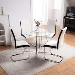 5 Pieces Dining Table And Chairs Set - Modern Round Dining Room Table With 4 Leather Chairs - Tempered Glass Table Top And Chrome Legs Kitchen Table Set For Small Space - White 21 5 Pieces Dining Table And Chairs Set - Modern Round Dining Room Table With 4 Leather Chairs - Tempered Glass Table Top And Chrome Legs Kitchen Table Set For Small Space - White -Amazon Store 51QWKsHqSML