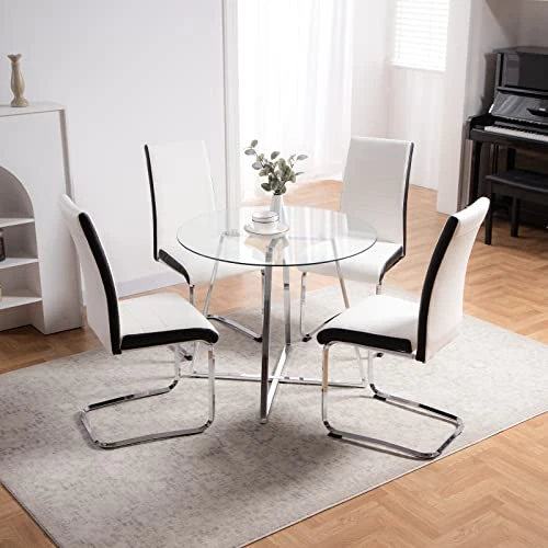 5 Pieces Dining Table And Chairs Set - Modern Round Dining Room Table With 4 Leather Chairs - Tempered Glass Table Top And Chrome Legs Kitchen Table Set For Small Space - White 7 5 Pieces Dining Table And Chairs Set - Modern Round Dining Room Table With 4 Leather Chairs - Tempered Glass Table Top And Chrome Legs Kitchen Table Set For Small Space - White - Image 5