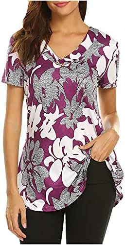Going Out Tops For Women Floral Printed Hide Belly Tunic Blouses Casual V Neck Buttons Pullover Short Sleeve T-Shirts 10 Going Out Tops For Women Floral Printed Hide Belly Tunic Blouses Casual V Neck Buttons Pullover Short Sleeve T-Shirts - Image 8
