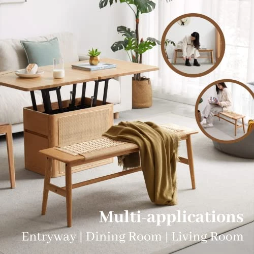 Marsrizon 32" L 100% FAS Oak Boho Bench Solid Wood Rope Woven Entryway Bench, Dining Bench Modern Furniture For Entryway, Dining Room, Bedroom, Kitchen (Natural) 7 Marsrizon 32" L 100% FAS Oak Boho Bench Solid Wood Rope Woven Entryway Bench, Dining Bench Modern Furniture For Entryway, Dining Room, Bedroom, Kitchen (Natural) - Image 5