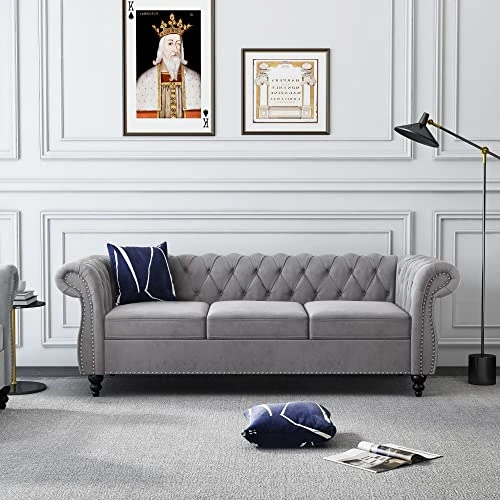 2 Piece Living Room Set, Velvet Chesterfield Sofa Loveseat Couch With Scroll Arms And Nailhead For Living Room, Office (Grey) 6 2 Piece Living Room Set, Velvet Chesterfield Sofa Loveseat Couch With Scroll Arms And Nailhead For Living Room, Office (Grey) - Image 4