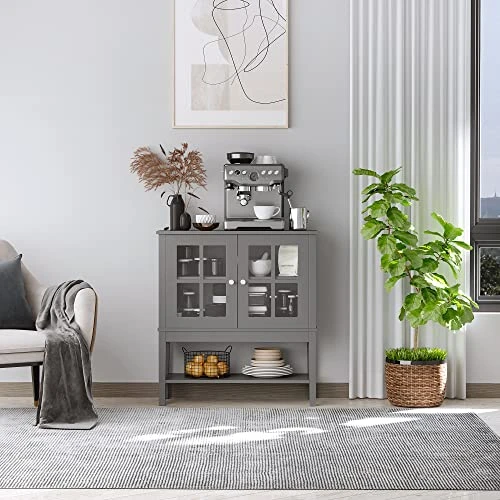 HOMCOM Coffee Bar Cabinet, Modern Sideboard Buffet Cabinet, Kitchen Cabinet With 2 Glass Doors, Adjustable Inner Shelving And Bottom Shelf, Grey 6 HOMCOM Coffee Bar Cabinet, Modern Sideboard Buffet Cabinet, Kitchen Cabinet With 2 Glass Doors, Adjustable Inner Shelving And Bottom Shelf, Grey - Image 4