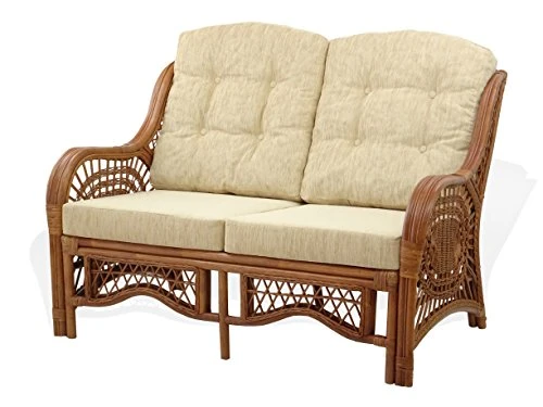 Malibu Lounge Set Of 4: 2 Natural Rattan Wicker Chairs, Loveseat With Cream Cushions And Coffee Table W/Glass Handmade, Colonial 8 Malibu Lounge Set Of 4: 2 Natural Rattan Wicker Chairs, Loveseat With Cream Cushions And Coffee Table W/Glass Handmade, Colonial - Image 6