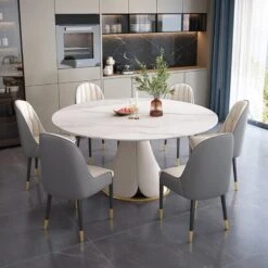 53 Inches White Round Marble Dining Table With 6 Chairs With Petal-Shaped Unique Design, Round Dining Table Set For 6-8 Petal PU Leather & Metal Base Adding Elegant Texture