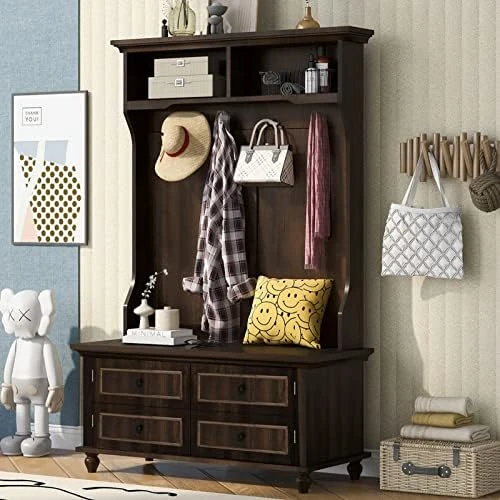 POLNED White Hall Tree With Coat Rack 4 Hooks And Storage Bench Shoe Cabinet, Mud Room Organization,3-In-1 Design Hall Trees For Entrance, Hallway,Entryway-White B 7 POLNED White Hall Tree With Coat Rack 4 Hooks And Storage Bench Shoe Cabinet, Mud Room Organization,3-In-1 Design Hall Trees For Entrance, Hallway,Entryway-White B - Image 5