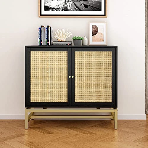 Goujxcy Rattan Accent Storage Cabinet, Farmhouse Wood Sideboard Buffet Cabinet With 2 Doors And Adjustable Shelves, Kitchen Cupboard Server Console Table For Dining Room, Bedroom, Hallway, Black 4 Goujxcy Rattan Accent Storage Cabinet, Farmhouse Wood Sideboard Buffet Cabinet With 2 Doors And Adjustable Shelves, Kitchen Cupboard Server Console Table For Dining Room, Bedroom, Hallway, Black - Image 2