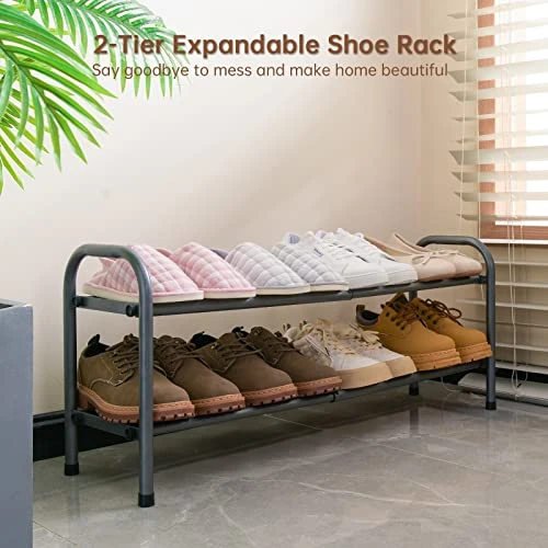 2-Tier Expandable Shoe Rack,Adjustable Shoe Shelf Storage Organizer Heavy Duty Metal Free Standing Shoe Rack For Entryway Closet Doorway (Gray) 4 2-Tier Expandable Shoe Rack,Adjustable Shoe Shelf Storage Organizer Heavy Duty Metal Free Standing Shoe Rack For Entryway Closet Doorway (Gray) - Image 2