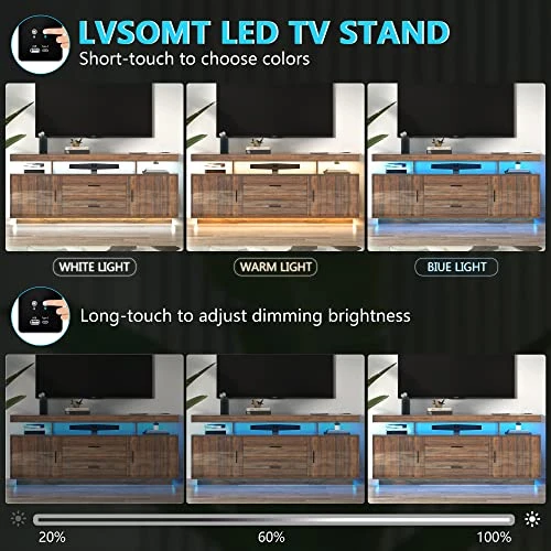 LVSOMT High Gloss Entertainment Center With Wireless Charging, LED Modern TV Stand For 65+ Inch TV, Home Storage Cabinet, Console Media Cabinet For Living Room (Brown) 4 LVSOMT High Gloss Entertainment Center With Wireless Charging, LED Modern TV Stand For 65+ Inch TV, Home Storage Cabinet, Console Media Cabinet For Living Room (Brown) - Image 2