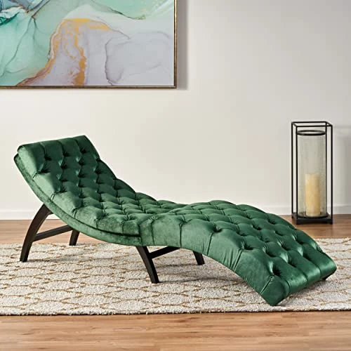 Christopher Knight Home Garret Tufted Velvet Chaise Lounge, Emerald / Dark Brown 4 Christopher Knight Home Garret Tufted Velvet Chaise Lounge, Emerald / Dark Brown - Image 2