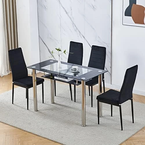 Nozama Rectangular Dining Table Chair Set Space Saving Dining Room Home Furniture Transparent Glass Stainless Steel Metal Legs For 4 People Flannal Black 7 Nozama Rectangular Dining Table Chair Set Space Saving Dining Room Home Furniture Transparent Glass Stainless Steel Metal Legs For 4 People Flannal Black - Image 5