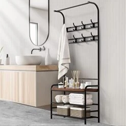 Amyove Coat Rack Shoe Bench, 3-in-1 Hall Tree Shoe Rack For Entryway, 3-Tier Storage Shelf And 8 Hooks Removable, Industrial Accent Furniture With Steel Frame, Multifunctional Hallway Organizer -Amazon Store 51RIdyoExNL