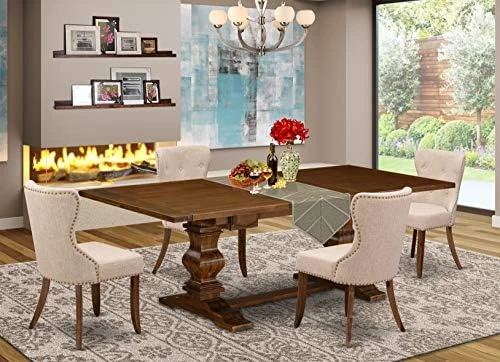 East West Furniture LASI9-88-04 Dinette Set - 8 Excellent Kitchen Chairs With Tan Fabric Linen Seat And A Gorgeous Rectangular Wooden Dining Table (Antique Walnut Finish) 6 East West Furniture LASI9-88-04 Dinette Set - 8 Excellent Kitchen Chairs With Tan Fabric Linen Seat And A Gorgeous Rectangular Wooden Dining Table (Antique Walnut Finish) - Image 4