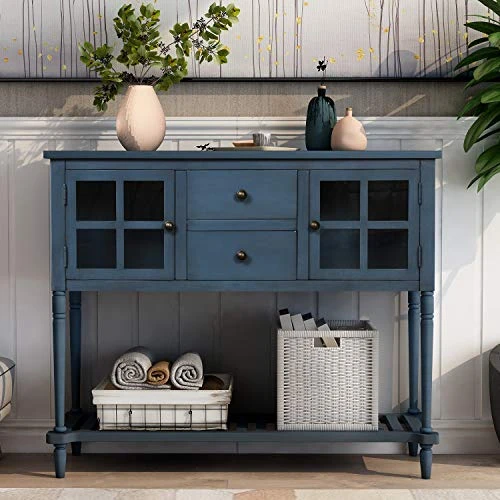 LZ LEISURE ZONE Console Table With Bottom Shelf, Buffet Sideboard Farmhouse Wood Storage Cabinet For Living Room (Antique Navy, 42“L) 4 LZ LEISURE ZONE Console Table With Bottom Shelf, Buffet Sideboard Farmhouse Wood Storage Cabinet For Living Room (Antique Navy, 42“L) - Image 2