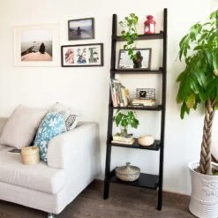 Haotian FRG17-SCH, Black Modern 5 Tiers Ladder Shelf Bookcase, Storage Display Shelving Wall Shelf