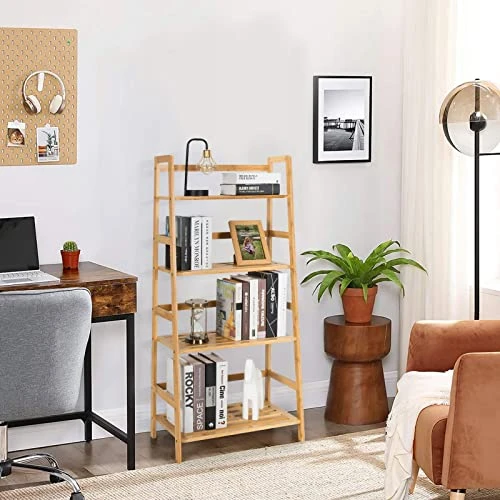 Giantex Ladder Shelf, 4 Tier Bamboo Ladder Bookshelf, 48’’ Tall Freestanding Bookcase Storage Rack Plant Stand For Living Room, Balcony, Office, Bedroom, Farmhouse Wooden Ladder Bookshelf, Natural 4 Giantex Ladder Shelf, 4 Tier Bamboo Ladder Bookshelf, 48’’ Tall Freestanding Bookcase Storage Rack Plant Stand For Living Room, Balcony, Office, Bedroom, Farmhouse Wooden Ladder Bookshelf, Natural - Image 2