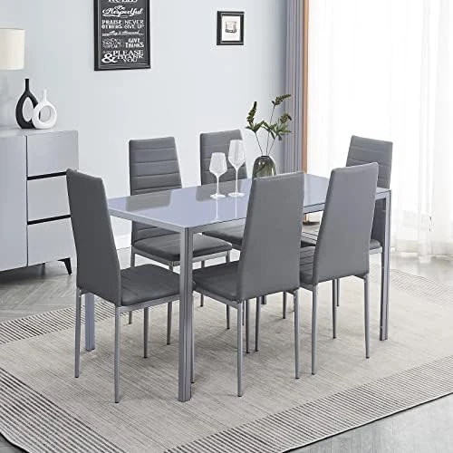 Paonne Glass Dining Table And Chair 7 Pieces Set, Dining Table Set For 6 Kitchen Room Table With 6 Chairs, Rectangular Glass Table With 4 PU Chairs 9 Paonne Glass Dining Table And Chair 7 Pieces Set, Dining Table Set For 6 Kitchen Room Table With 6 Chairs, Rectangular Glass Table With 4 PU Chairs - Image 7