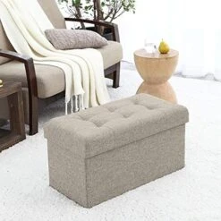 Ornavo Home Foldable Tufted Linen Large Storage Ottoman Bench Foot Rest Stool/Seat - 15" X 30" X 15" (Beige) -Amazon Store 51RiW93IYgL