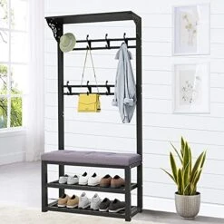 Hallway Coat Rack With 2-Tier Shoe Racks, Metal Entry Bench And Rack, Free Standing Hall Tree With Top Storage Platform, Removable Hooks, For Living Room,Hallway, Bedroom