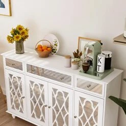 DiDuGo Sideboard With Glass Doors, Mirrored Sideboard Storage Cabinet With 3 Drawers, Credenza Sideboard Buffet With Wooden Legs, For Living Room Hallway White (55.1”W X 15.7”D X 35.4”H) -Amazon Store 51RrJ0E7XEL