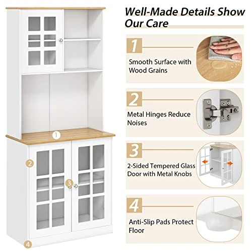 PETSITE Kitchen Pantry Storage Cabinet, 72'' Freestanding Buffet With Hutch With 2 Tempered Glass Doors Cabinets & Open Shelves, Microwave Cupboard For Living Room, Dining Room, White 4 PETSITE Kitchen Pantry Storage Cabinet, 72'' Freestanding Buffet With Hutch With 2 Tempered Glass Doors Cabinets & Open Shelves, Microwave Cupboard For Living Room, Dining Room, White - Image 2