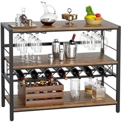 Ecoprsio Wine Rack Table, Industrial Bar Cabinet With Wine Rack And Glass Holder Vintage Liquor Cabinet With Storage For Bar, Buffet, Dining Room, Living Room, Kitchen, Rustic Brown