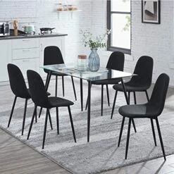 IDS Home 7 Piece Contemporary Transparent Glass Dining Table Furniture Set For 6, Upholstered Fabric Chairs With Metal Leg, Black