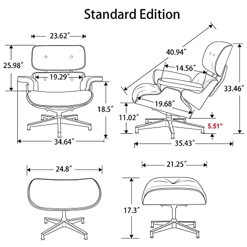 GENERIC Mid Century Lounge Chair With Ottoman, Genuine Leather Classic Modern Chair With 8-Layer Palisander Wood And Aluminum Base For Living Room Office Study Lounge (Palisander And White, Standard Size) 5 GENERIC Mid Century Lounge Chair With Ottoman, Genuine Leather Classic Modern Chair With 8-Layer Palisander Wood And Aluminum Base For Living Room Office Study Lounge (Palisander And White, Standard Size) - Image 3