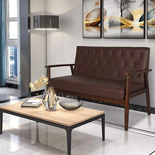 AILEEKISS Mid-Century Loveseats Sofa Couch 2 Seater Sofa Modern Faux Leather Retro Arms Loveseat Upholstered Wooden Lounge Accent Chair For Living Room (Brown 2-seat) 4 AILEEKISS Mid-Century Loveseats Sofa Couch 2 Seater Sofa Modern Faux Leather Retro Arms Loveseat Upholstered Wooden Lounge Accent Chair For Living Room (Brown 2-seat) - Image 2