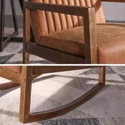 HNY Mid Century Rocking Nursery Chair With Wood Frames, Faux Leather Upholstered Farmhouse Living Room Armchair, For Living Room Bedroom, Light Brown -Amazon Store 51SI9vGBB2L