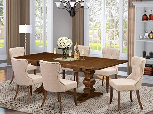 East West Furniture LASI9-88-04 Dinette Set - 8 Excellent Kitchen Chairs With Tan Fabric Linen Seat And A Gorgeous Rectangular Wooden Dining Table (Antique Walnut Finish) 7 East West Furniture LASI9-88-04 Dinette Set - 8 Excellent Kitchen Chairs With Tan Fabric Linen Seat And A Gorgeous Rectangular Wooden Dining Table (Antique Walnut Finish) - Image 5