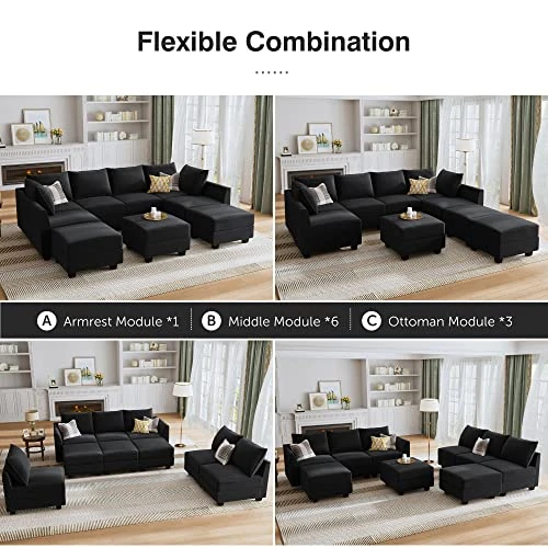 HONBAY Modular Sectional Sofa Set Oversized U Shaped Couch With Storage Ottoman Convertible Sleeper Sectional Sofa Velvet Modular Couch With Wide Chaise, Black 5 HONBAY Modular Sectional Sofa Set Oversized U Shaped Couch With Storage Ottoman Convertible Sleeper Sectional Sofa Velvet Modular Couch With Wide Chaise, Black - Image 3