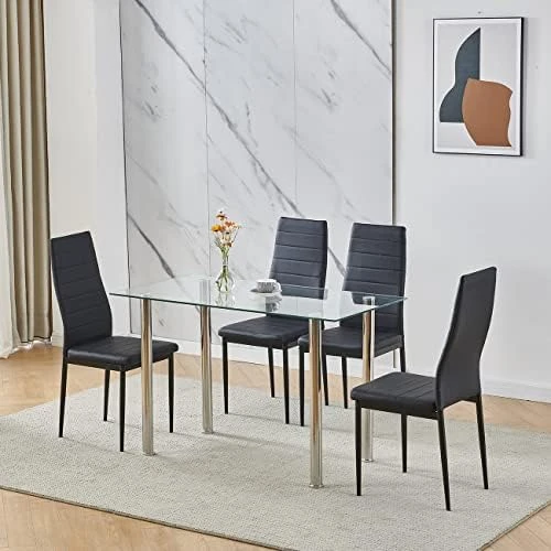 Nozama Rectangular Dining Table Chair Set Space Saving Dining Room Home Furniture Transparent Glass Stainless Steel Metal Legs For 4 People Flannal Black 10 Nozama Rectangular Dining Table Chair Set Space Saving Dining Room Home Furniture Transparent Glass Stainless Steel Metal Legs For 4 People Flannal Black - Image 8