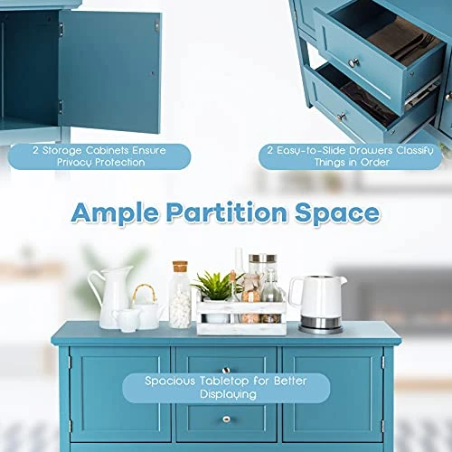 Hysache Buffet Sideboard, Wood Buffet Cabinet With 2 Drawers And 2 Storage Cabinets, Sideboard With Bottom Shelf, Ideal For Kitchen Living Room (Blue) 6 Hysache Buffet Sideboard, Wood Buffet Cabinet With 2 Drawers And 2 Storage Cabinets, Sideboard With Bottom Shelf, Ideal For Kitchen Living Room (Blue) - Image 4