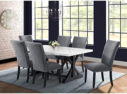 Hanover Linen Capri 7-Piece Dining Room Set White Marble Top Trestle Table And 4 Side Modern Luxury Furniture For Home Upholstered Chairs | Acacia Wood Base | HDR015-7PC-WHT, Natural, Gray 11 Hanover Linen Capri 7-Piece Dining Room Set White Marble Top Trestle Table And 4 Side Modern Luxury Furniture For Home Upholstered Chairs | Acacia Wood Base | HDR015-7PC-WHT, Natural, Gray - Image 9