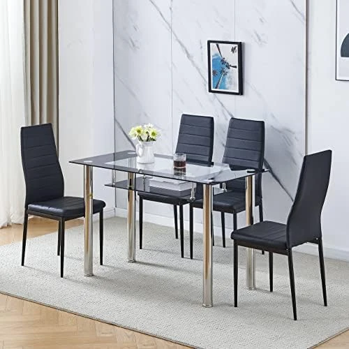 Nozama Rectangular Dining Table Chair Set Space Saving Dining Room Home Furniture Transparent Glass Stainless Steel Metal Legs For 4 People Flannal Black 9 Nozama Rectangular Dining Table Chair Set Space Saving Dining Room Home Furniture Transparent Glass Stainless Steel Metal Legs For 4 People Flannal Black - Image 7