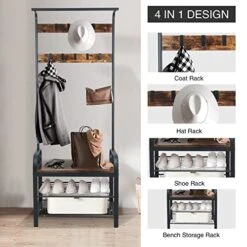 Entryway Coat Rack With Shoe Storage, Hall Tree With Bench, Coat Rack With 9 Removable Hooks And A Hanging Rod, Entryway Shoe Rack Organizer With Metal Frame 28.1*13.7*72.1 Inches (Rustic Brown) -Amazon Store 51Sim5JeTlL