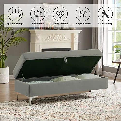 Mikibama Velvet Storage Bench Long End Of Bed Ottoman Benches For Bedroom Upholstered Rectangle Entryway Window Bench Footstool Simplistic With Metal Legs (Gray) 4 Mikibama Velvet Storage Bench Long End Of Bed Ottoman Benches For Bedroom Upholstered Rectangle Entryway Window Bench Footstool Simplistic With Metal Legs (Gray) - Image 2