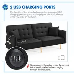 Yaheetech 78” Convertible Sofa Bed With USB Ports Sleeper Couch Futon Daybed Sleeper Sofa For Living Room Convertible Loveseat Adjustable Couch Bed Linen Fabric Tufted Split-Back Daybed, Black -Amazon Store 51SlMiOHulL