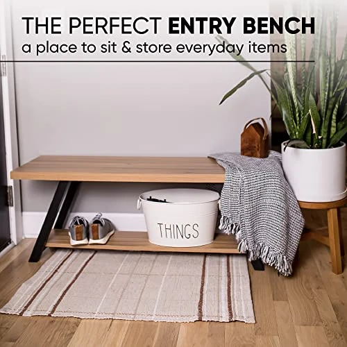 Wood Bench | Indoor Wooden Benches With Shoe Rack Organizer Cabinet | Farmhouse Entryway Wood And Metal Storage Bench For Living Room, Bedroom And Dining | Rustic Oak (14.2 X 17.5 X 47 Inches) 4 Wood Bench | Indoor Wooden Benches With Shoe Rack Organizer Cabinet | Farmhouse Entryway Wood And Metal Storage Bench For Living Room, Bedroom And Dining | Rustic Oak (14.2 X 17.5 X 47 Inches) - Image 2