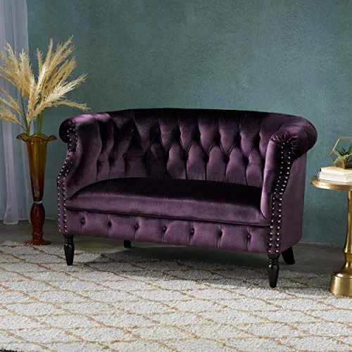 GDFStudio Melaina Tufted Chesterfield Velvet Loveseat With Scrolled Arms, BlackBerry And Dark Brown 4 GDFStudio Melaina Tufted Chesterfield Velvet Loveseat With Scrolled Arms, BlackBerry And Dark Brown - Image 2